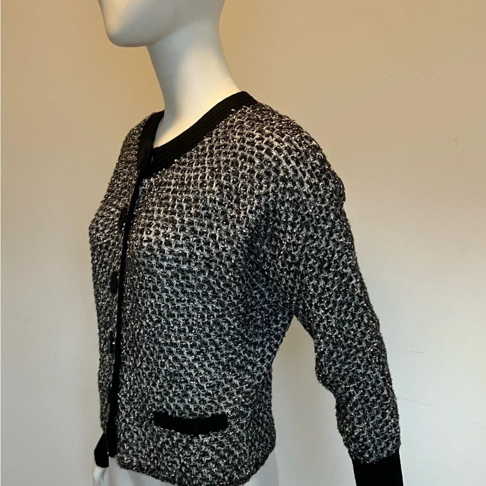Merino Wool Cotton Sz 6 Small Cardigan Sweater Black & White Chunky Quiet Luxury - Picture 3 of 8